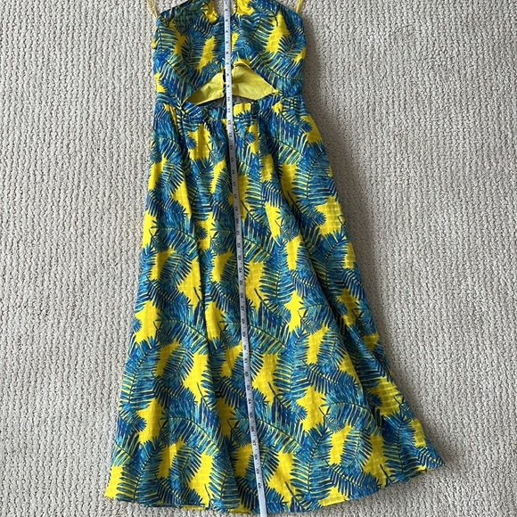 TANYA TAYLOR Palm Print Blue Yellow Halter Cutout Midi Dress 2 - Picture 7 of 10